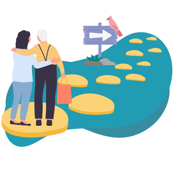 two people walking down a stone path 