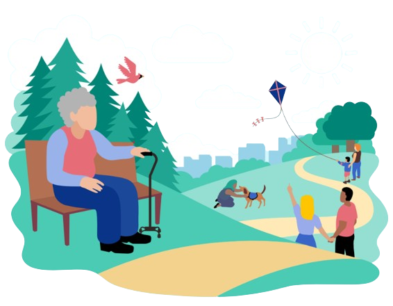 illustration of people at the park with a city skyline on the horizon